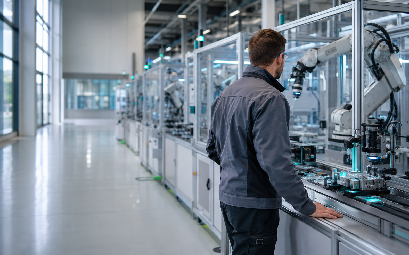 Ingénieur observant une ligne de production automatisée